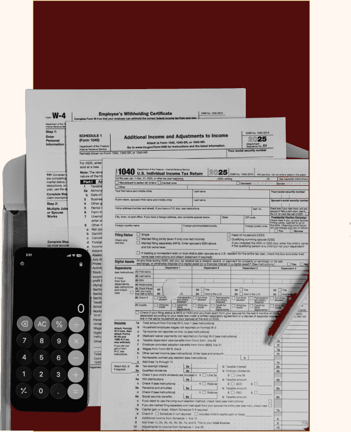 US tax forms and a calculator, illustrating the city budget and taxes